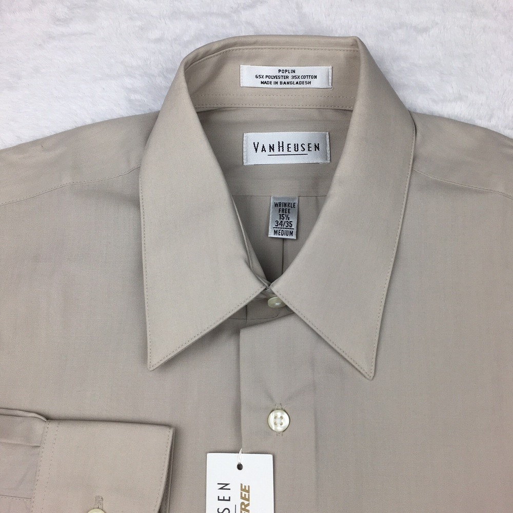 Van Heusen Dress‎ Shirt Men's M 15.5-34/35 Beige Regular Fit Wrinkle Free - Picture 2 of 9